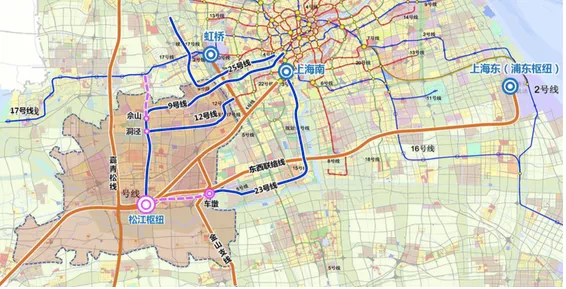 地铁9号线和23号线直达松江枢纽,乘坐高铁来往江浙沪皖,松江枢纽交通